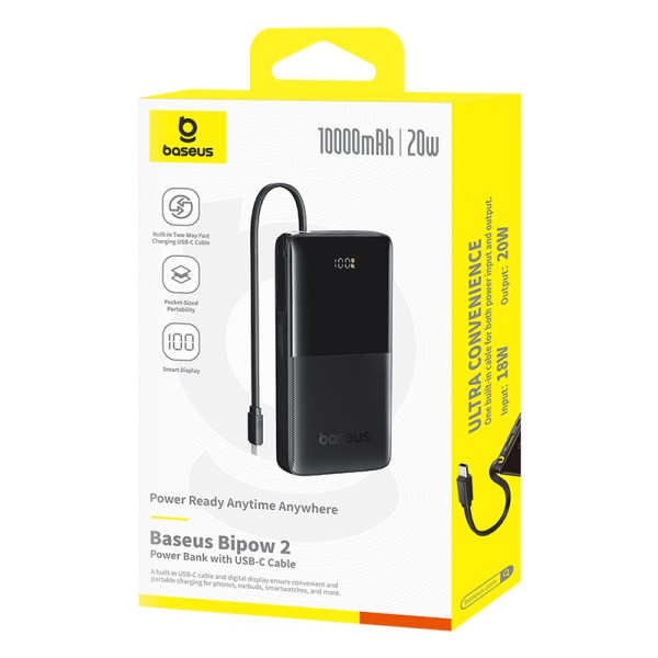 Baseus Bipow 2 Power Bank 10000mAh 20W con Cable USB-C y Display – Negro (B2B)