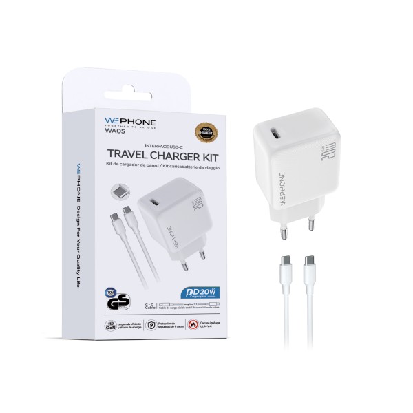Cargador rápido Wephone WA05 20W GaN USB-C PD con cable C–C | Mayorista de accesorios móviles en España